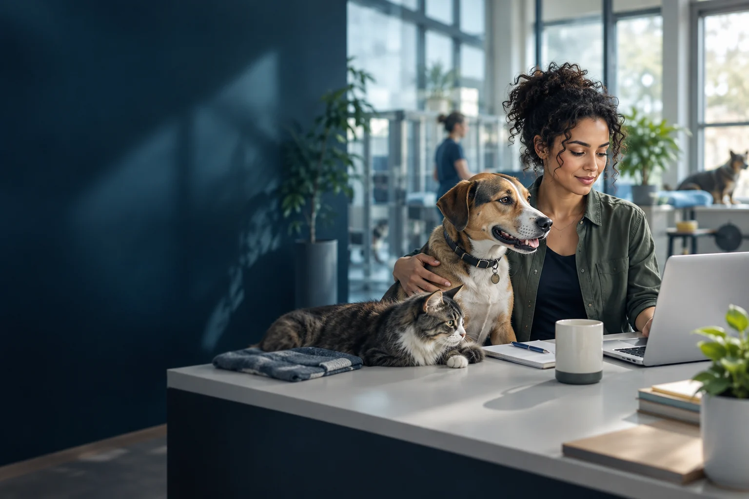 A rescue coordinator working beside a dog and cat